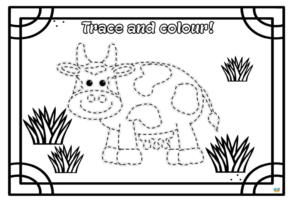 Cow tracing: children follow the dashed outline of a smiling spotted cow with horns and udder, then colour it in