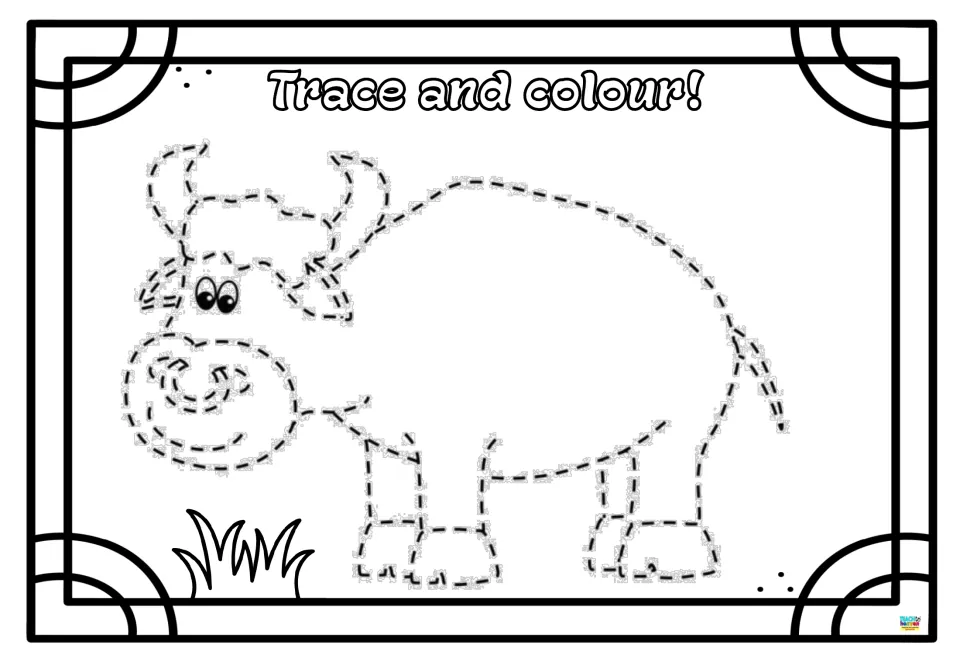 Horned farm animal tracing: children follow the dashed outline of its body, large snout, tail and legs, then colour it in