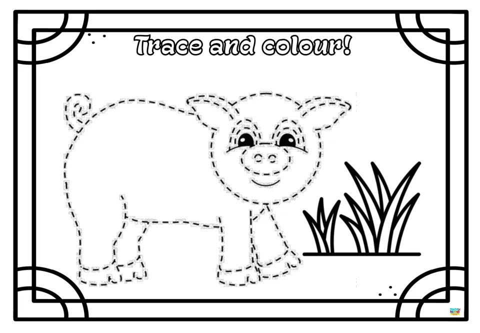 Pig tracing: children follow the dashed outline of a smiling pig with curly tail and floppy ears, then colour it in