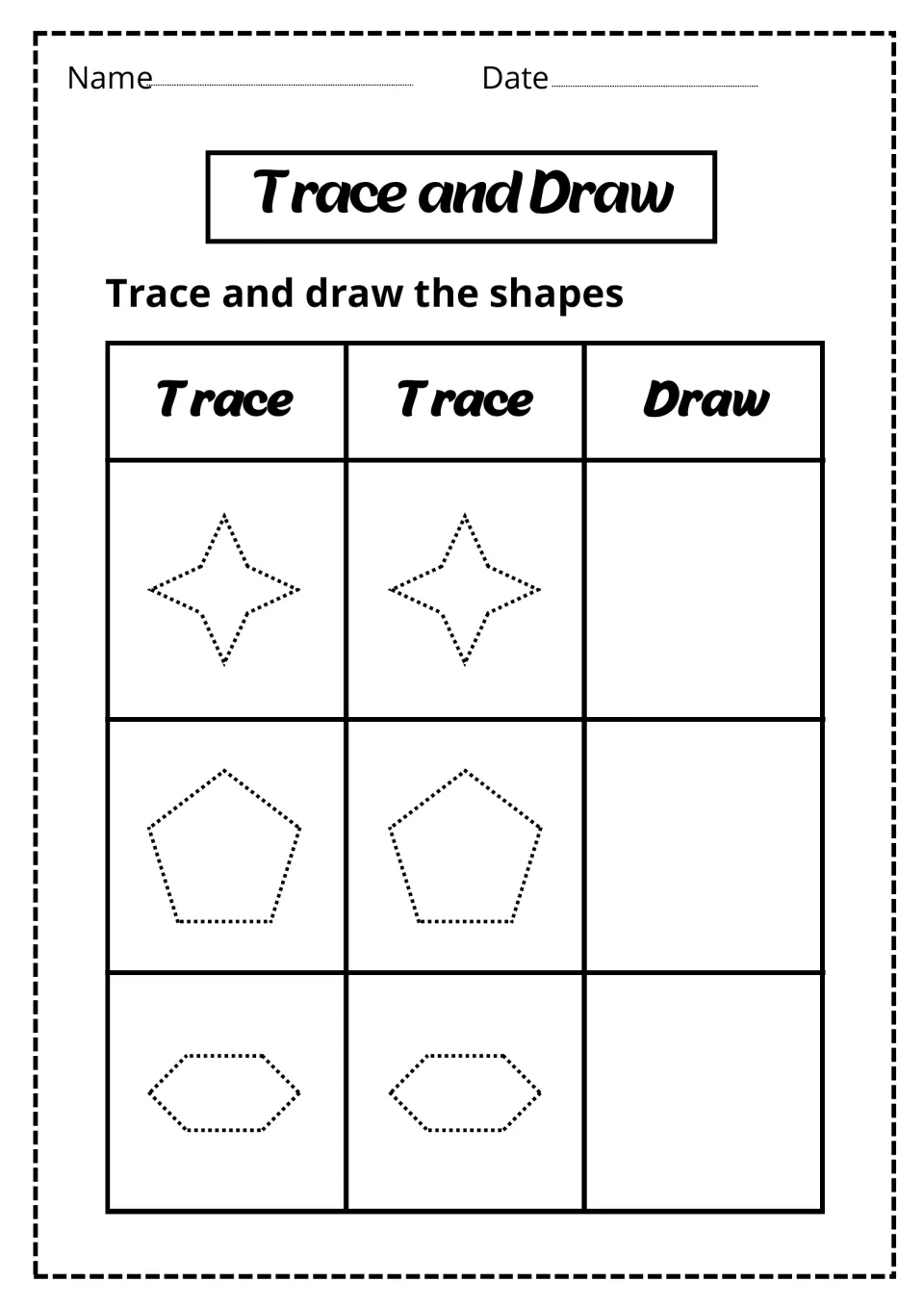 Shape tracing: students trace a dotted four-point star, pentagon and wide hexagon twice, then draw each one freehand