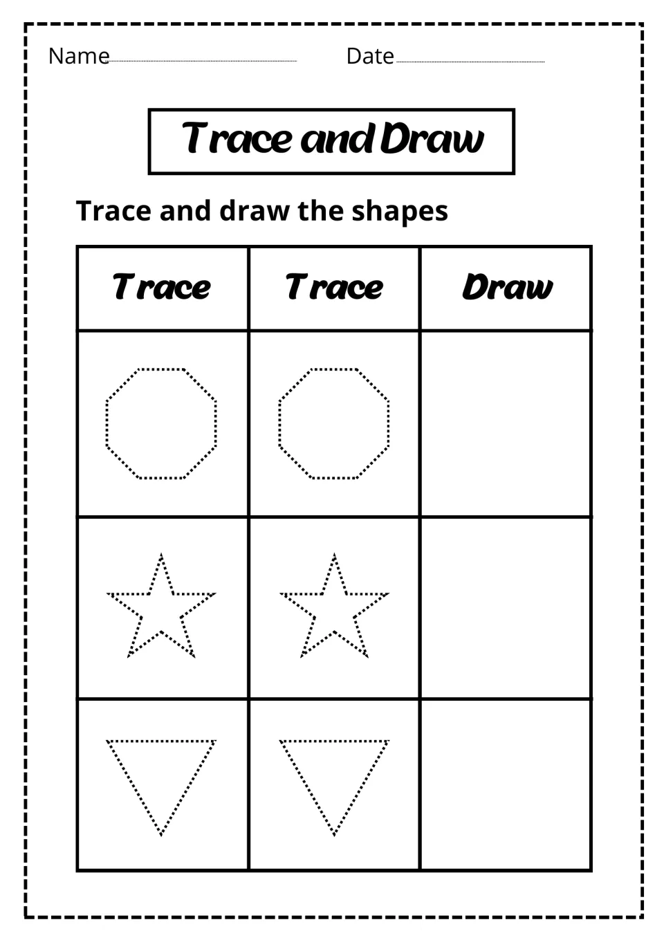 Shape tracing: students trace a dotted octagon, five-point star and upside-down triangle twice, then draw them alone