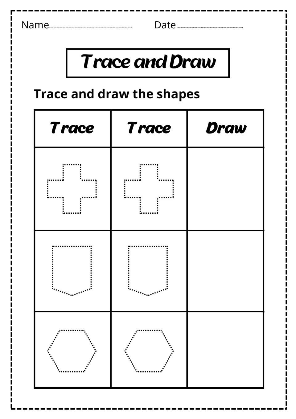 Shape tracing: students trace a dotted plus-sign cross, pocket shape and hexagon twice, then copy each shape freehand