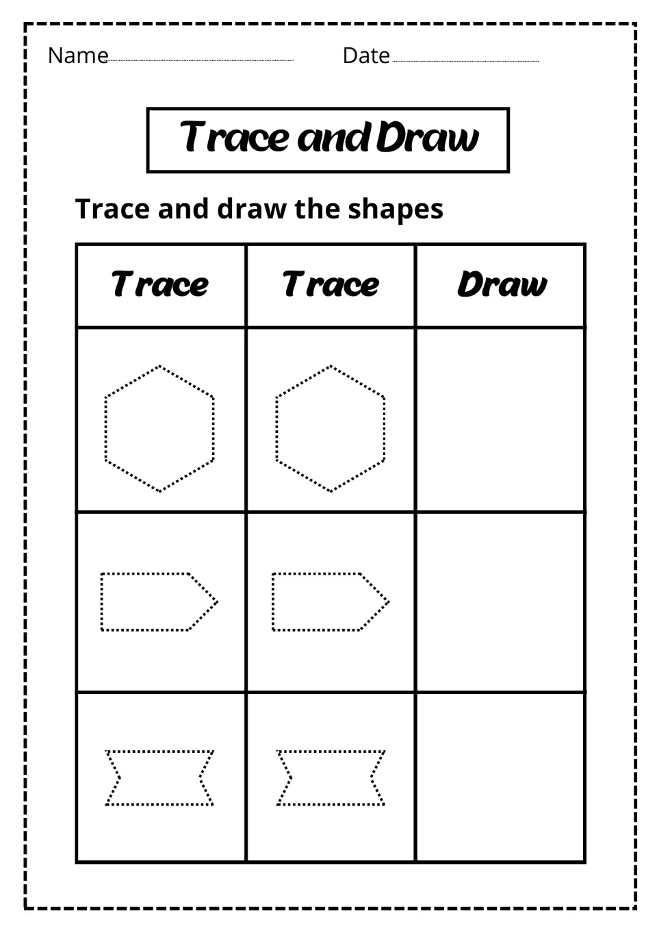 Shape tracing: students trace a dotted upright hexagon, arrow tag and ribbon banner twice, then draw each shape by hand