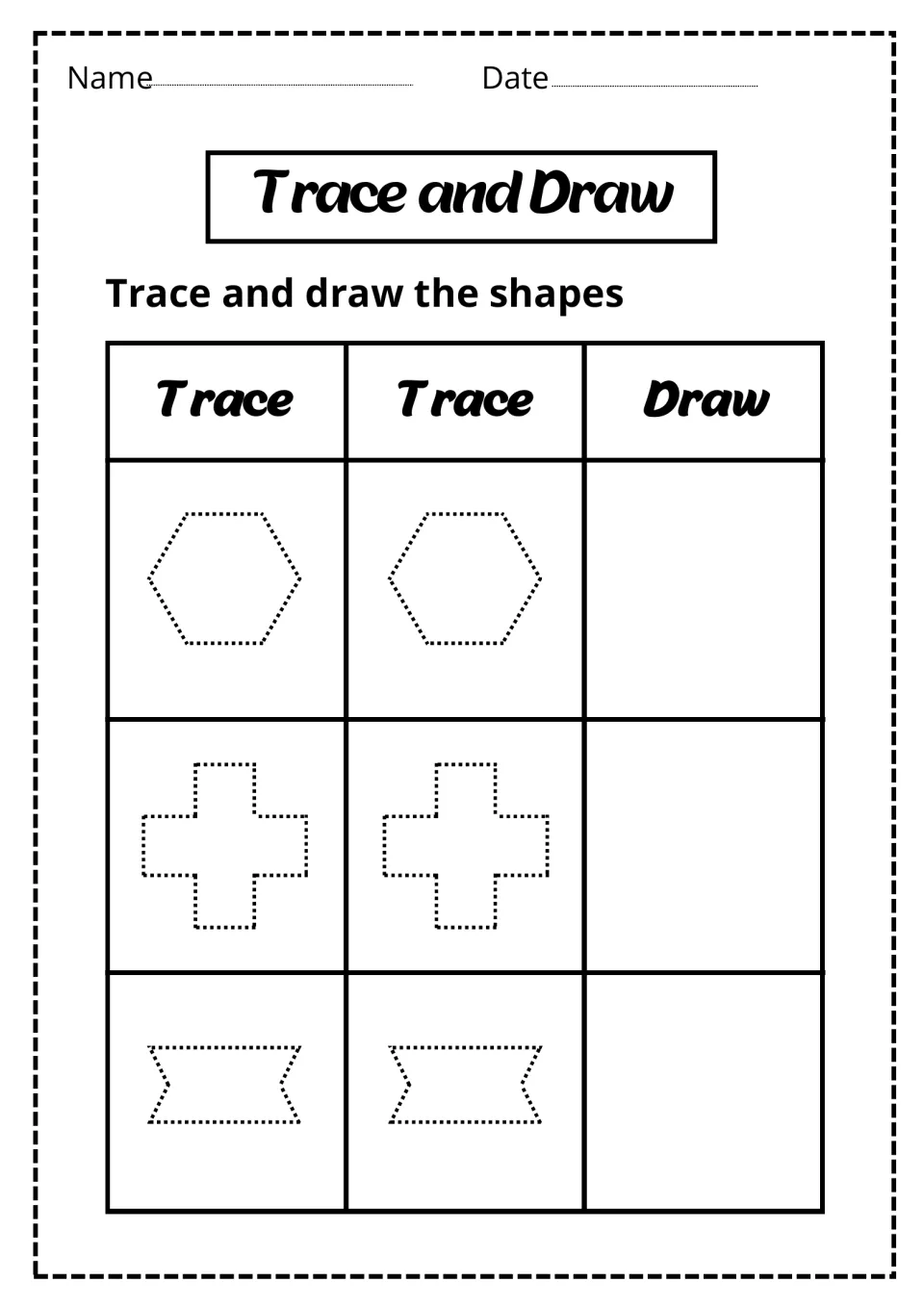 Shape tracing: students trace a dotted hexagon, plus-sign cross and ribbon banner twice, then draw the three shapes alone