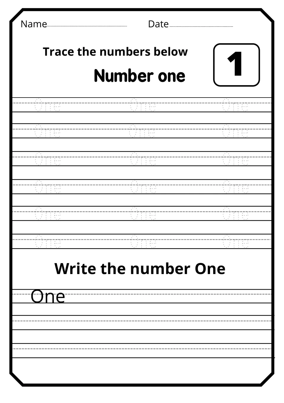 Number word one: students trace the dotted word One 18 times beside the numeral 1, then write One on their own