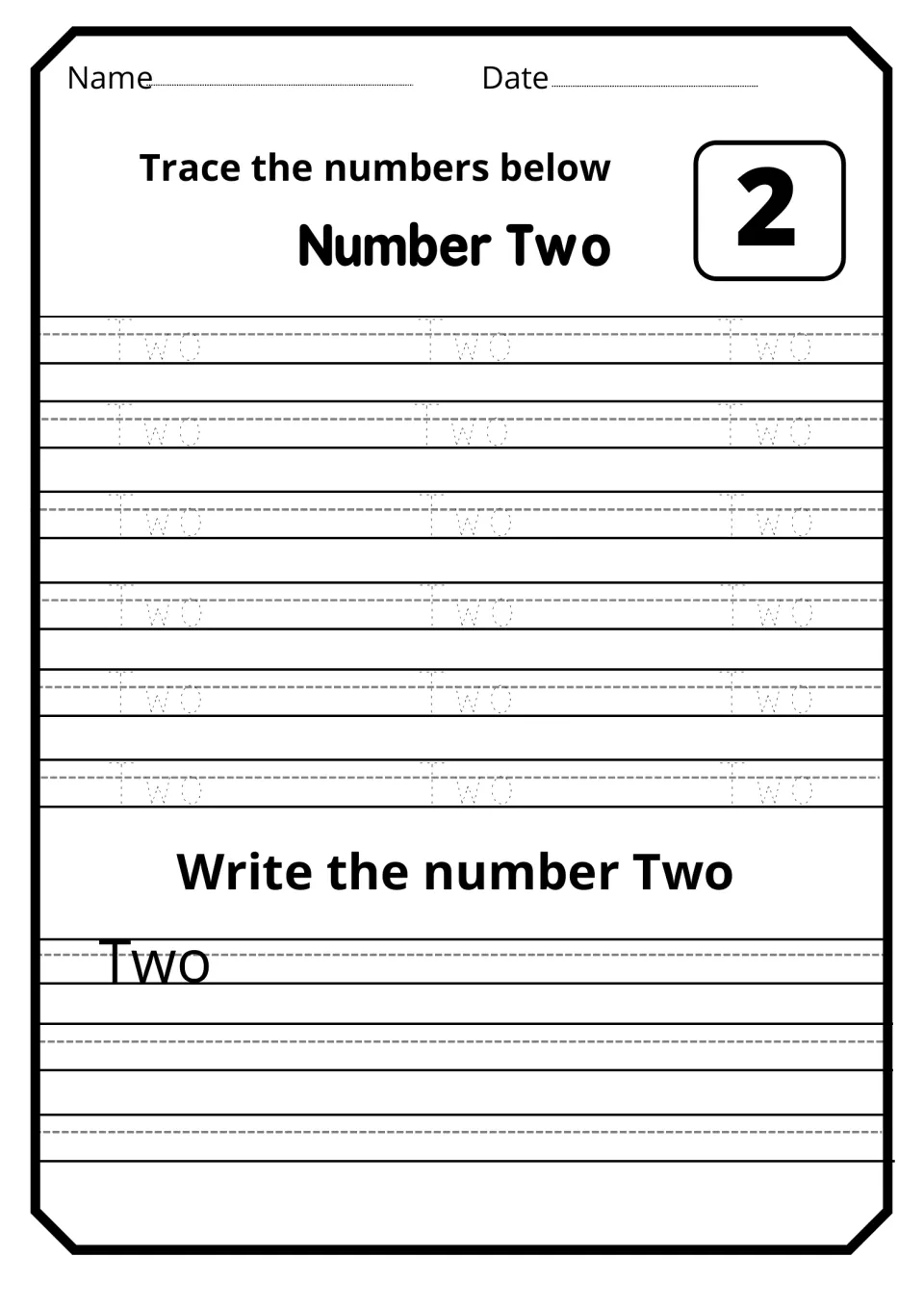 Number word two: children trace dotted copies of Two next to the numeral 2, then copy the word Two from a model
