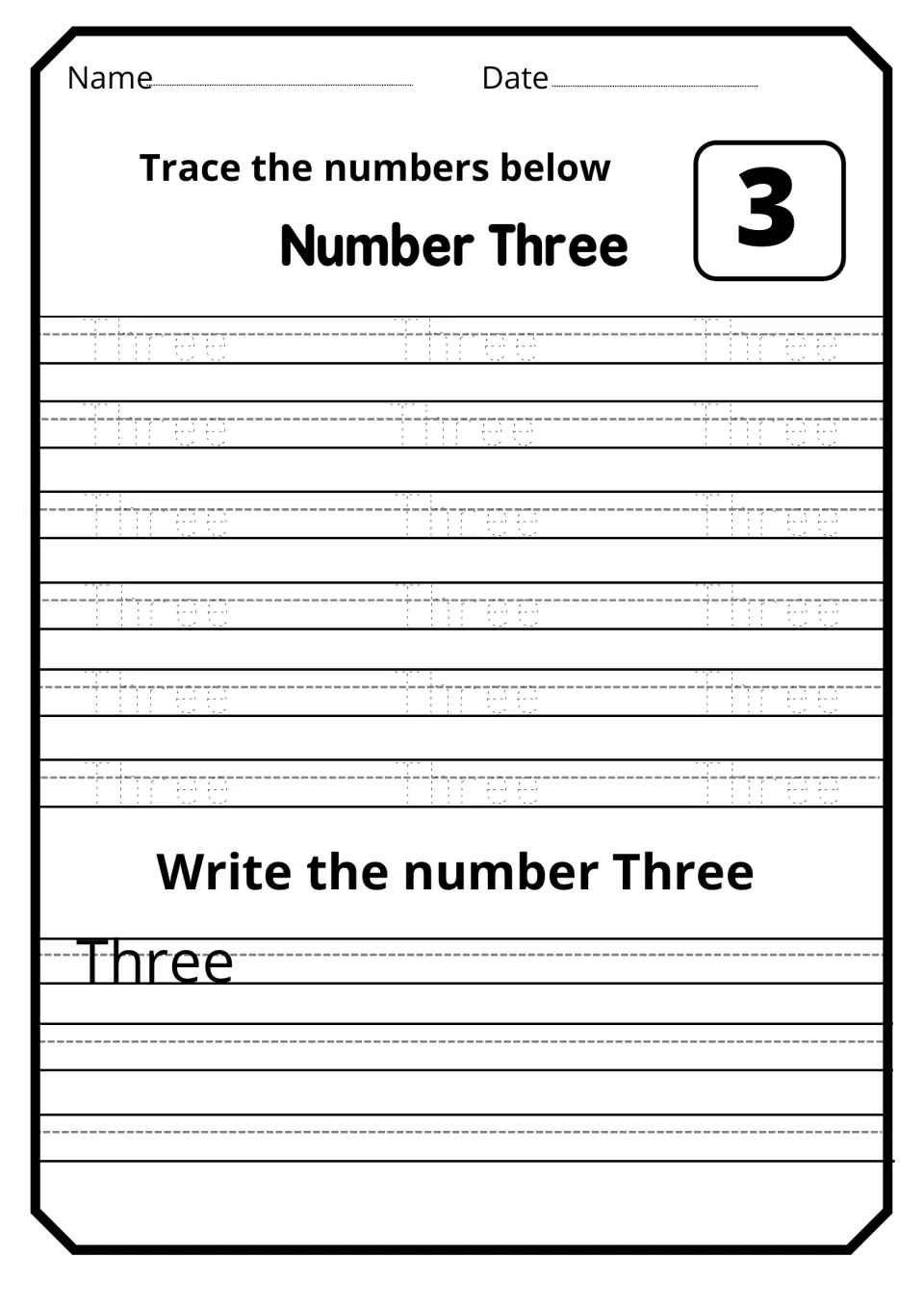 Spelling the number word three: learners trace 18 dotted Three words matched to numeral 3, then write Three alone