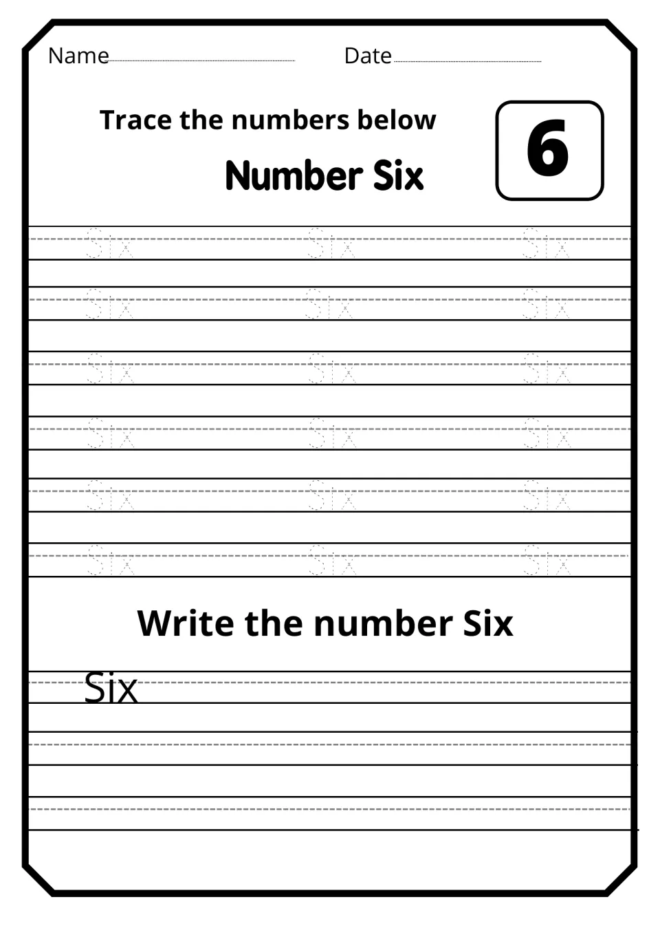 Number word six: students trace the dotted word Six alongside numeral 6, then write Six themselves under the prompt
