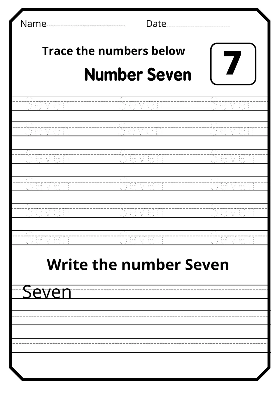 Number word seven: learners trace dotted Seven words matched to the numeral 7, then copy Seven from the sample word