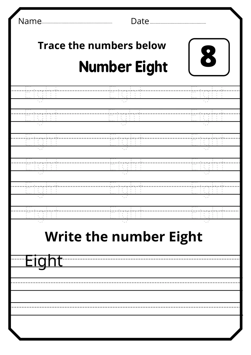 Number word eight: children trace 18 dotted Eight words beside numeral 8, then write Eight on their own after a model