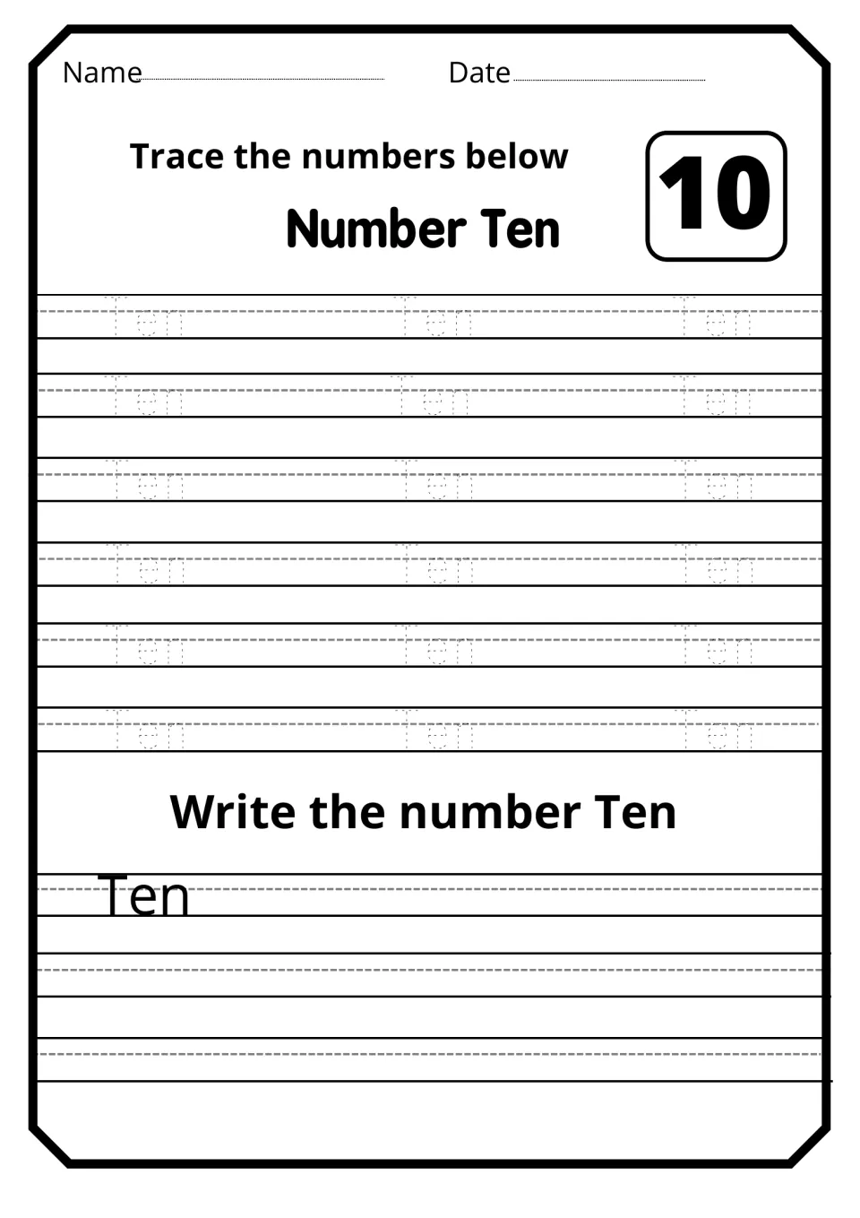 Number word ten: learners trace dotted Ten words beside the two-digit numeral 10, then write Ten from a sample