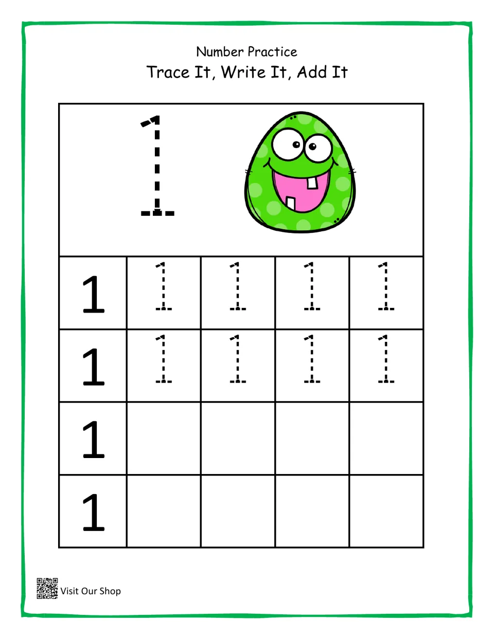 Number 1 practice: students count 1 green monster, trace a large dashed 1, then trace and write 1 in rows of practice