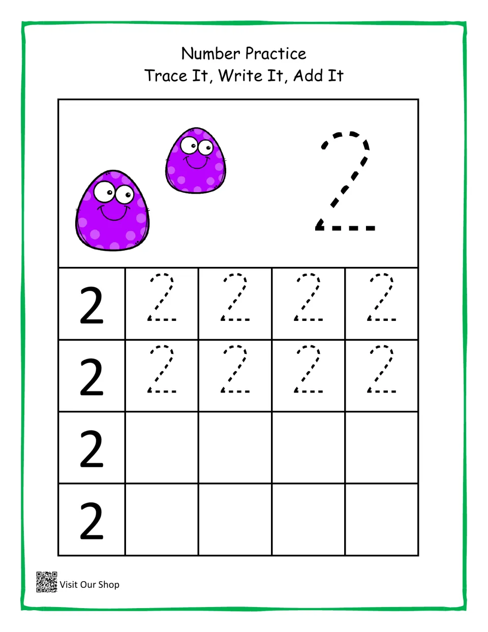 Number 2 practice: students count 2 purple monsters, trace a big dashed 2, then trace and write the numeral 2 on their own