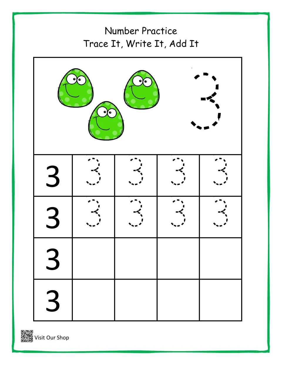 Number 3 practice: students count 3 green monsters, trace a large dashed 3 and then trace and copy 3 in the rows below