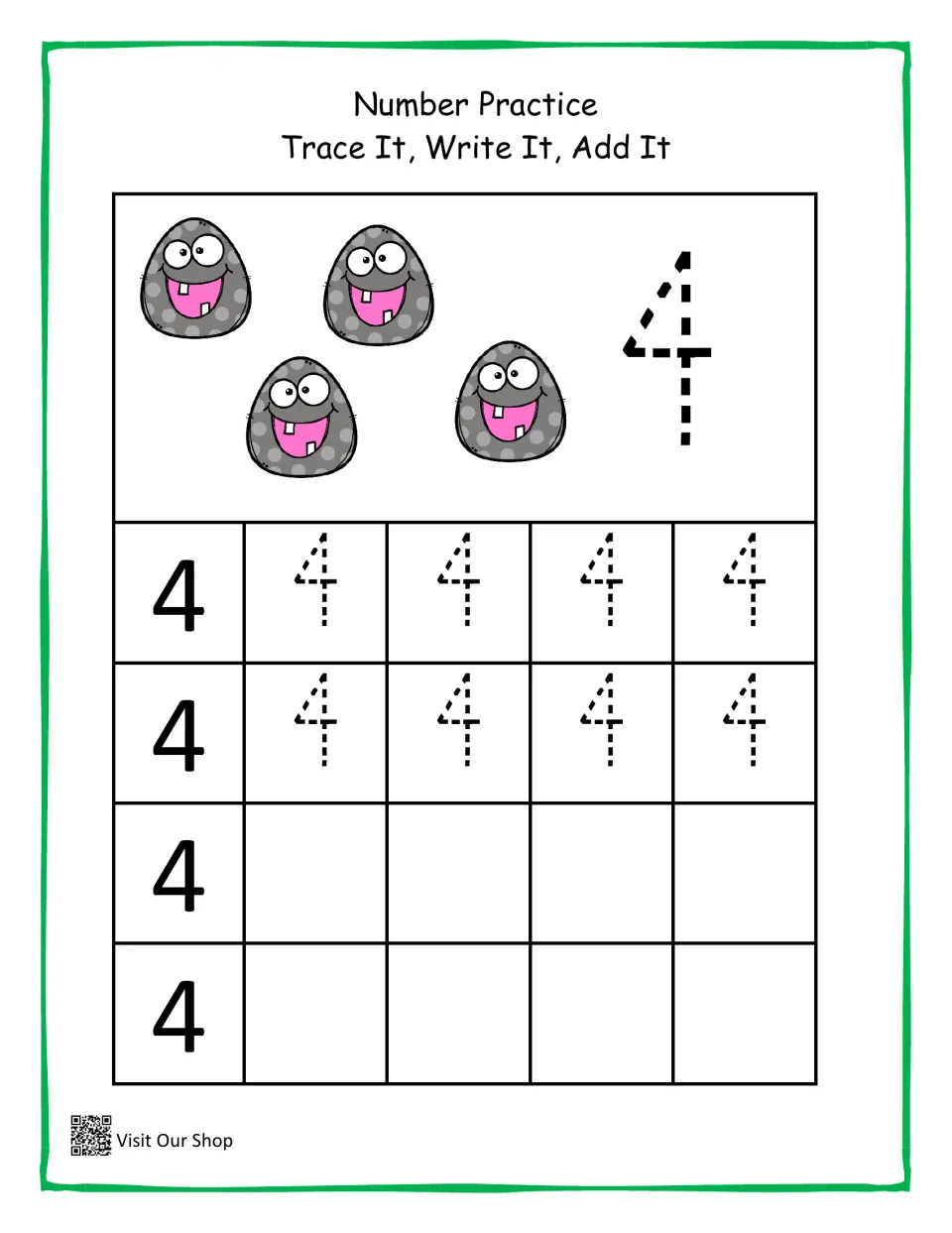 Number 4 practice: students count 4 gray monsters, trace a dashed 4, then trace and write 4 independently in the rows