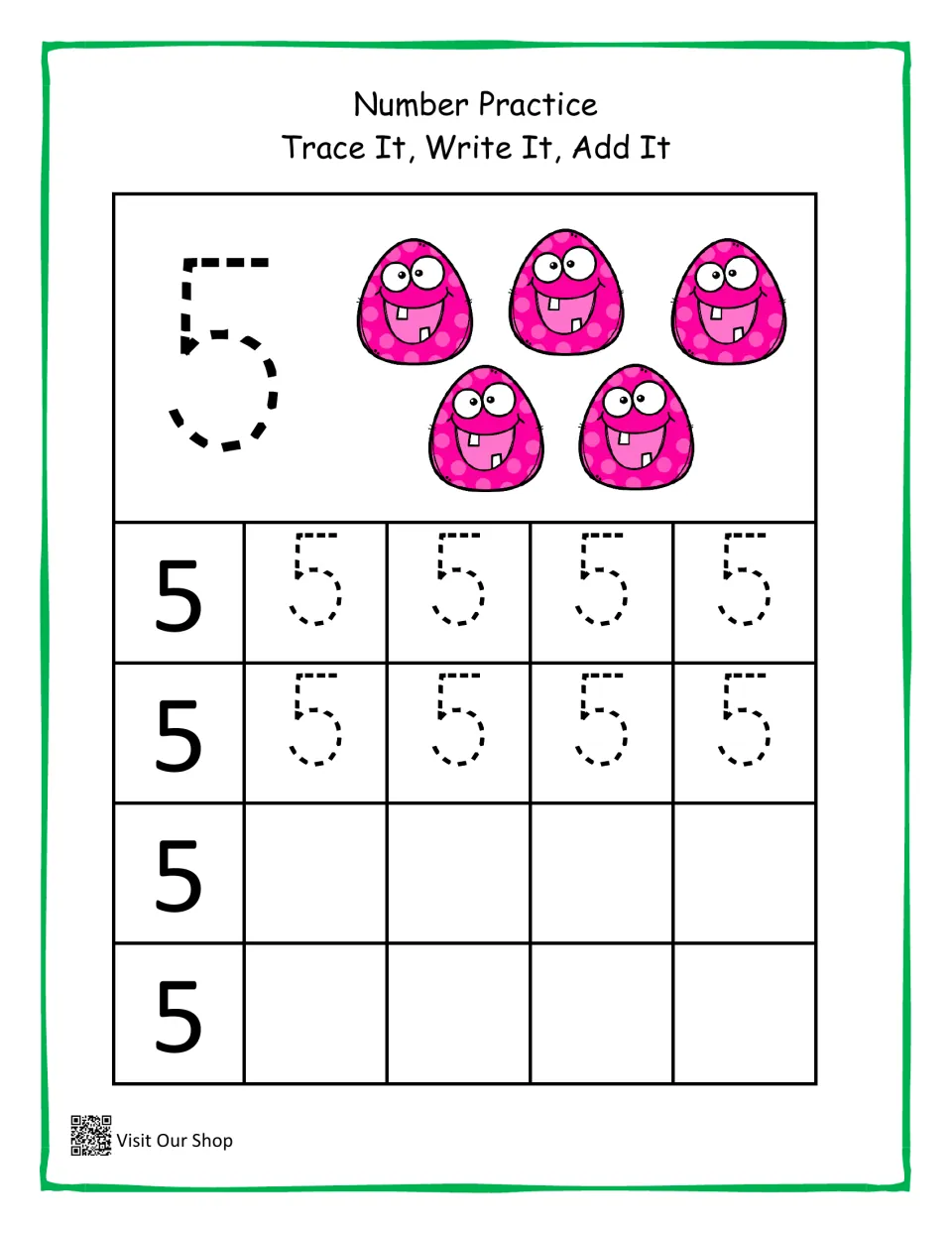 Number 5 practice: students count 5 pink monsters, trace a large dashed 5, then trace and write 5 in the rows beneath