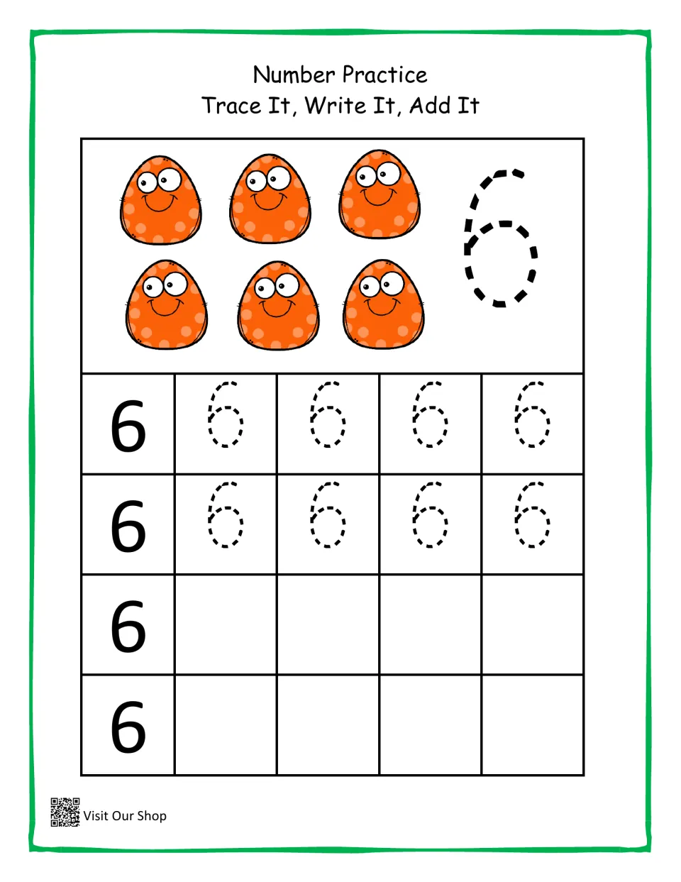 Number 6 practice: students count 6 orange monsters, trace a big dashed 6, then trace and write the numeral 6 alone