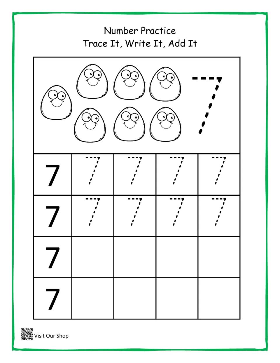 Number 7 practice: students count 7 outline monsters, trace a dashed 7, then trace and write 7 in the rows below