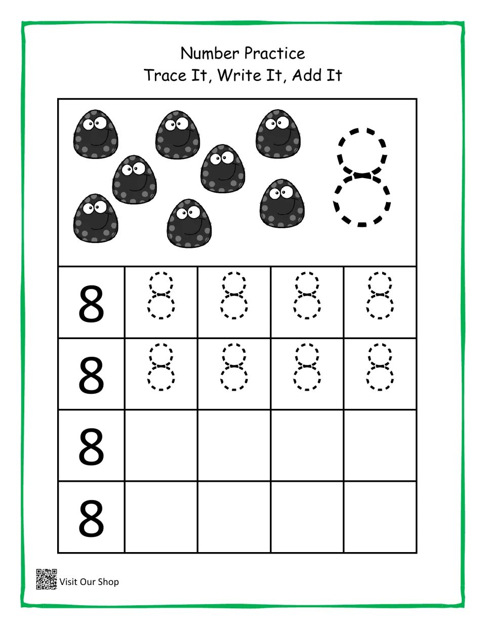 Number 8 practice: students count 8 black spotted monsters, trace a dashed 8, then trace and write 8 in the rows