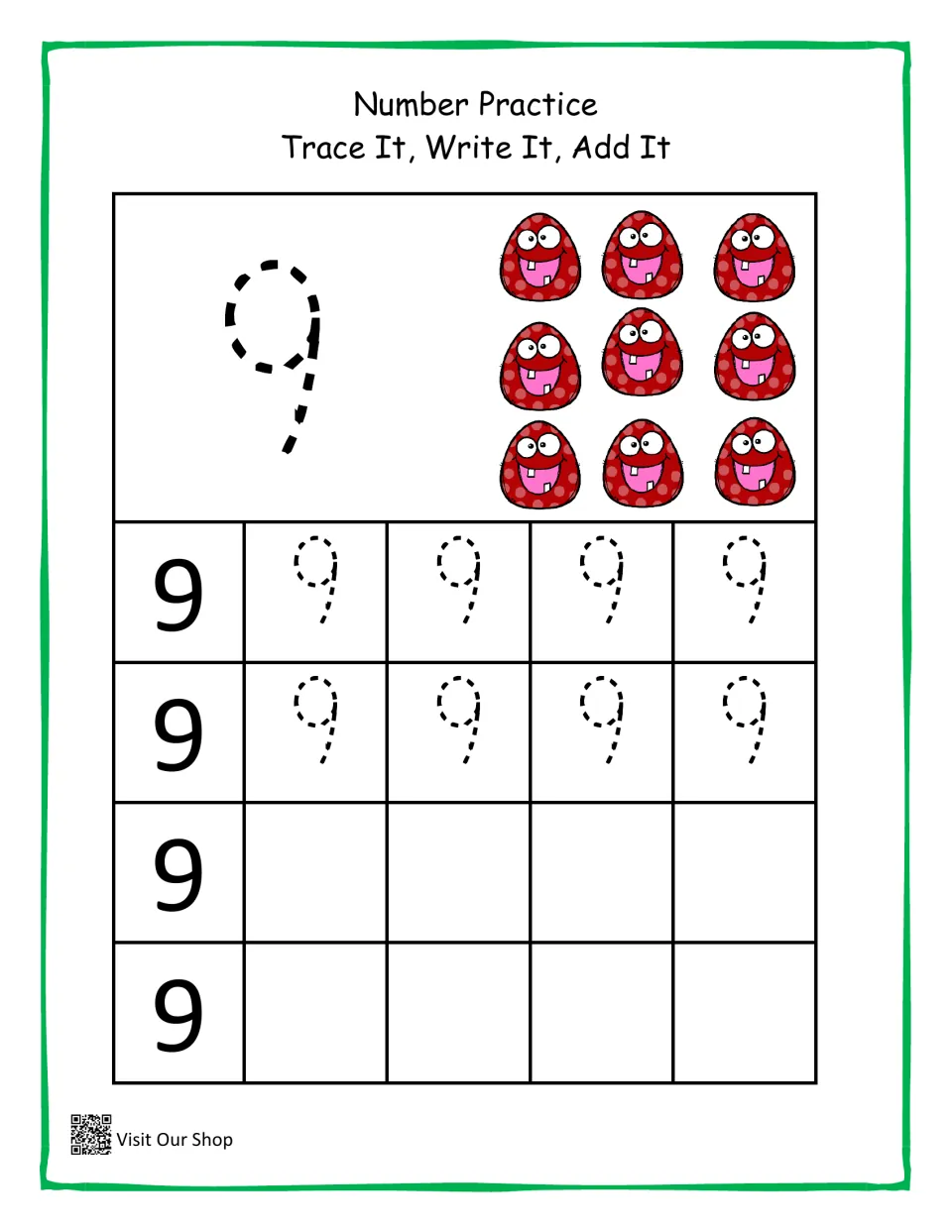 Number 9 practice: students count 9 red monsters set in a 3 by 3 array, trace a dashed 9, then trace and write 9