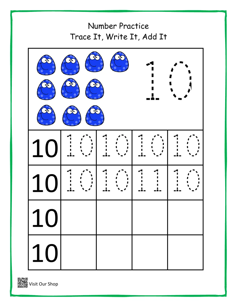 Number 10 practice: students count 10 blue monsters, trace a dashed 10, then trace and write 10; one trace cell shows 11