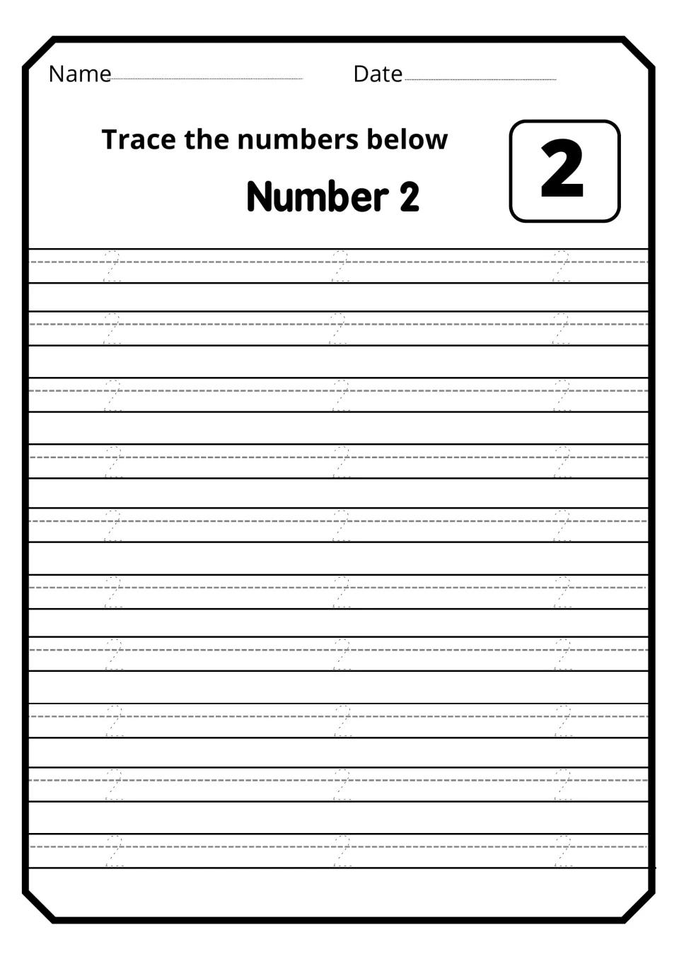 Number 2 handwriting: students trace 30 dotted 2s, following the curve and flat base to practise forming the numeral 2
