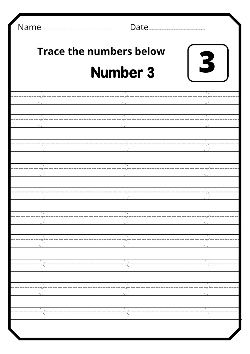 Numeral 3 formation practice: students trace 30 dotted 3s, each made of two curves, under the heading Number 3