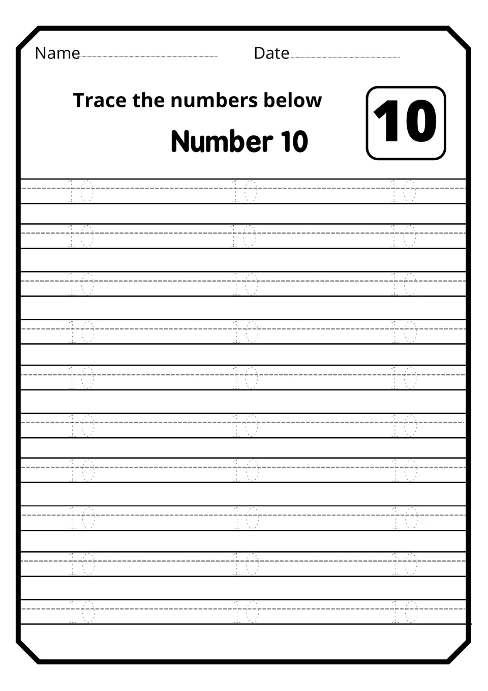 Number 10 tracing practice: students trace 30 dotted two-digit 10s, writing a 1 followed by a 0 to form the number ten