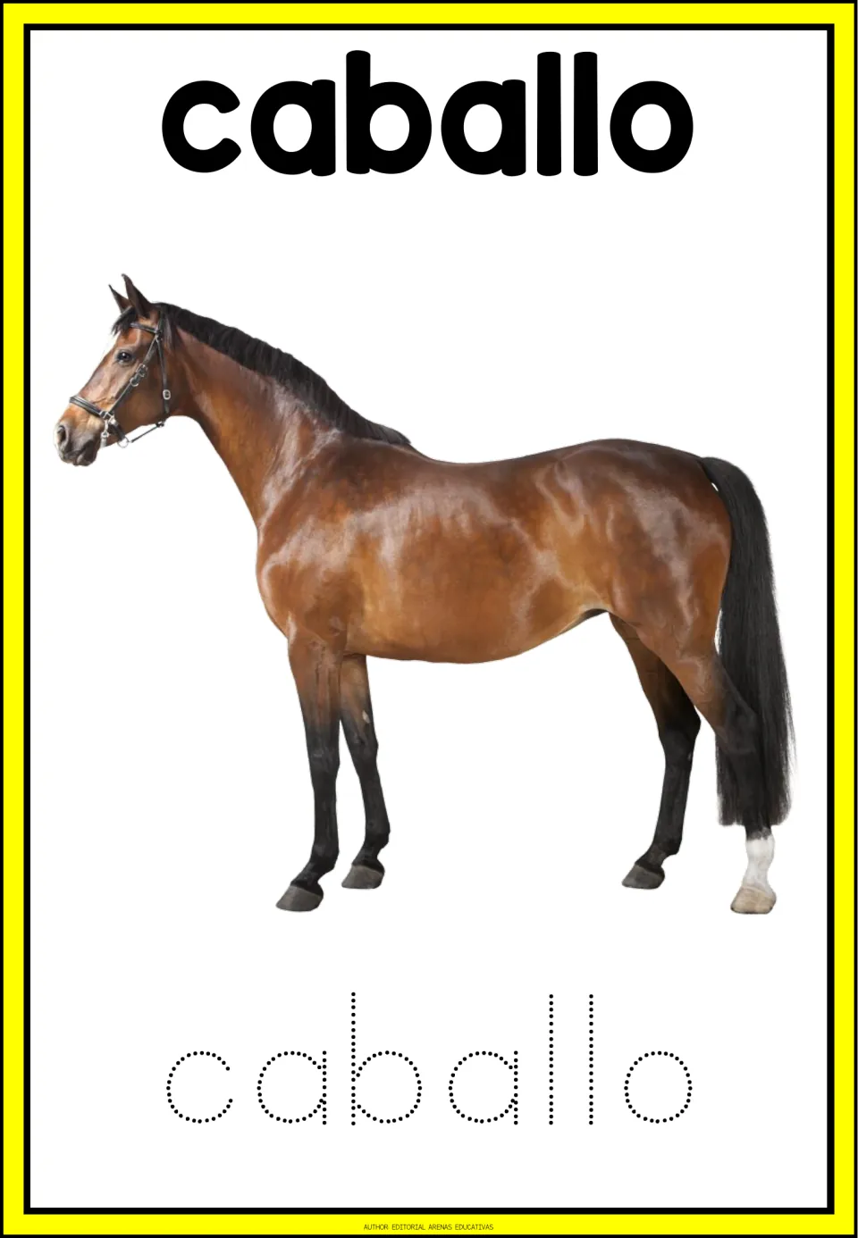 Spanish farm word caballo: a photo of a brown horse with a bridle above dotted letters for tracing the word caballo