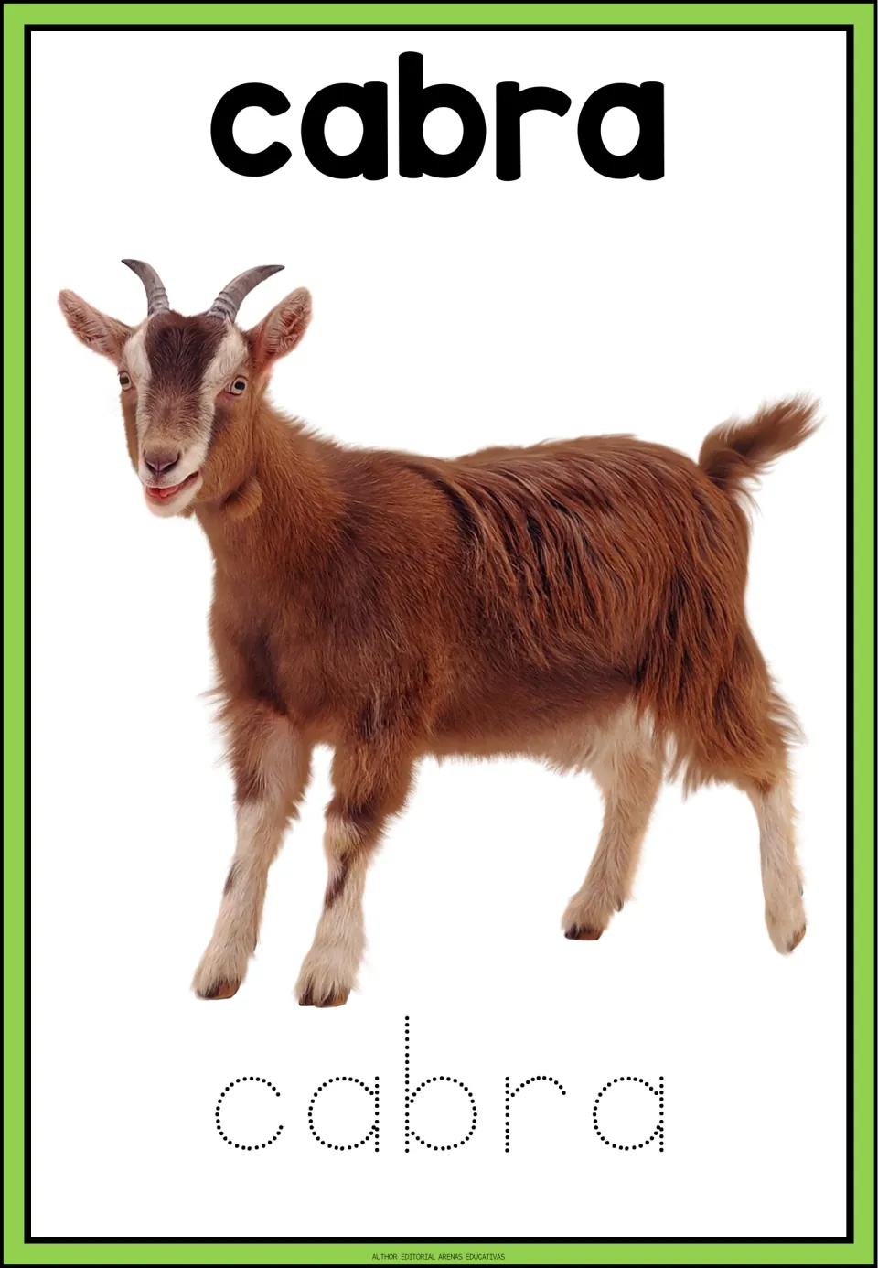 Spanish farm word cabra: students name the brown horned goat in the photo and trace the dotted letters of cabra below