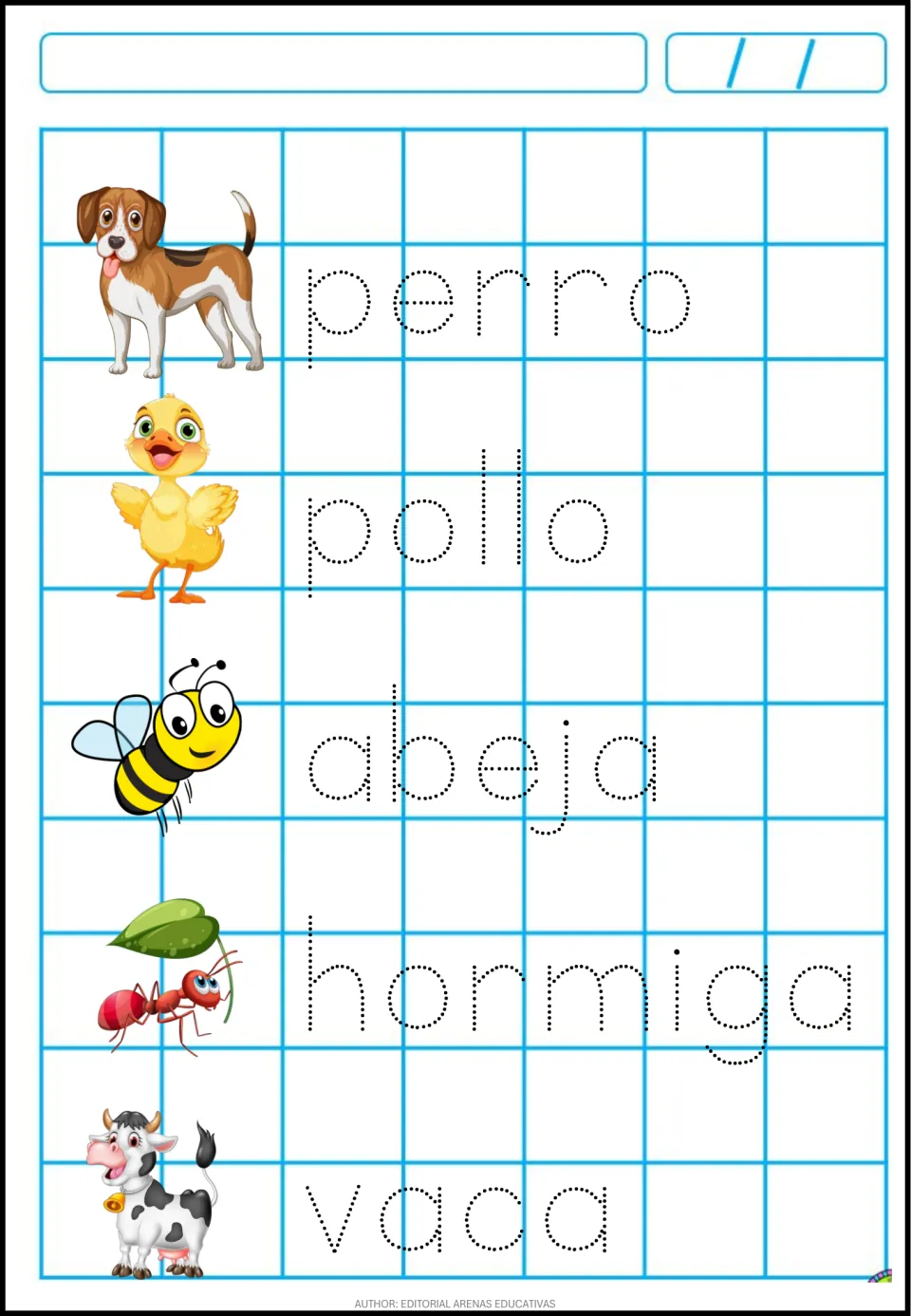 Spanish animal words: students trace dotted perro, pollo, abeja, hormiga and vaca beside a picture of each animal