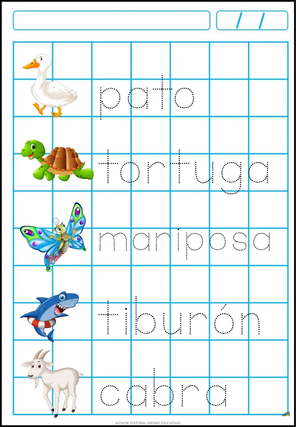 Tracing practice in Spanish: students trace pato, tortuga, mariposa, tiburón and cabra next to matching animal art