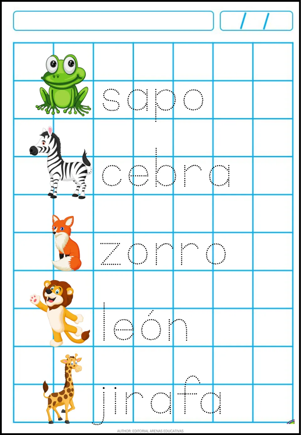 Wild animal vocabulary: learners trace sapo, cebra, zorro, león and jirafa, each word beside its animal illustration