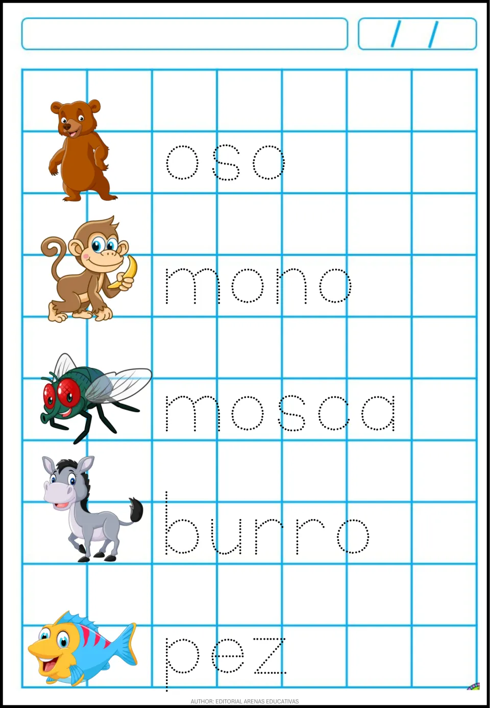 Letter formation with animal names: students trace oso, mono, mosca, burro and pez beside pictures of each creature