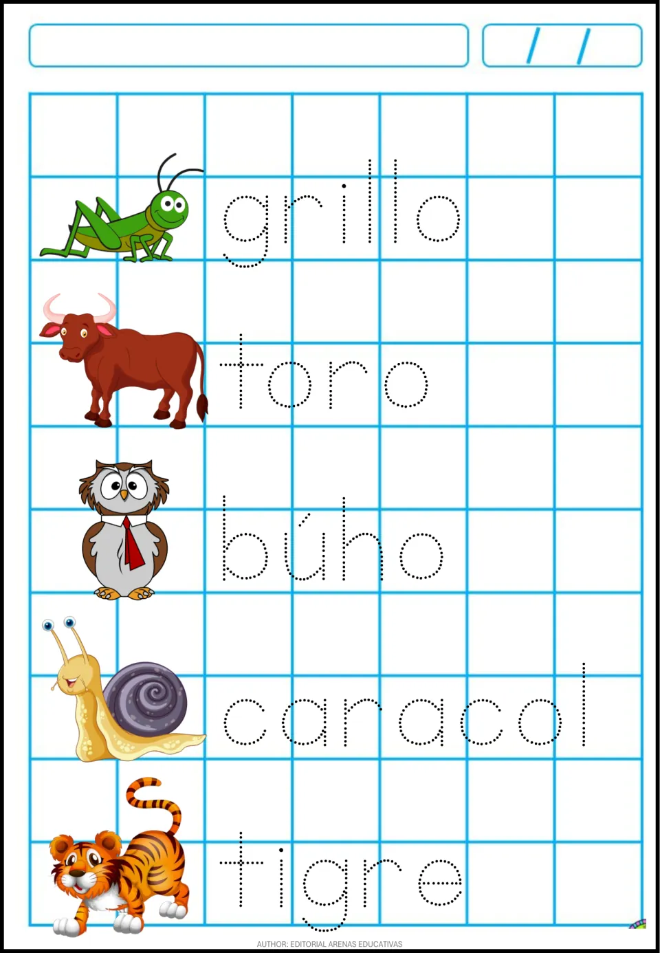 Spanish handwriting: students trace grillo, toro, búho, caracol and tigre, practising the accent in búho with pictures