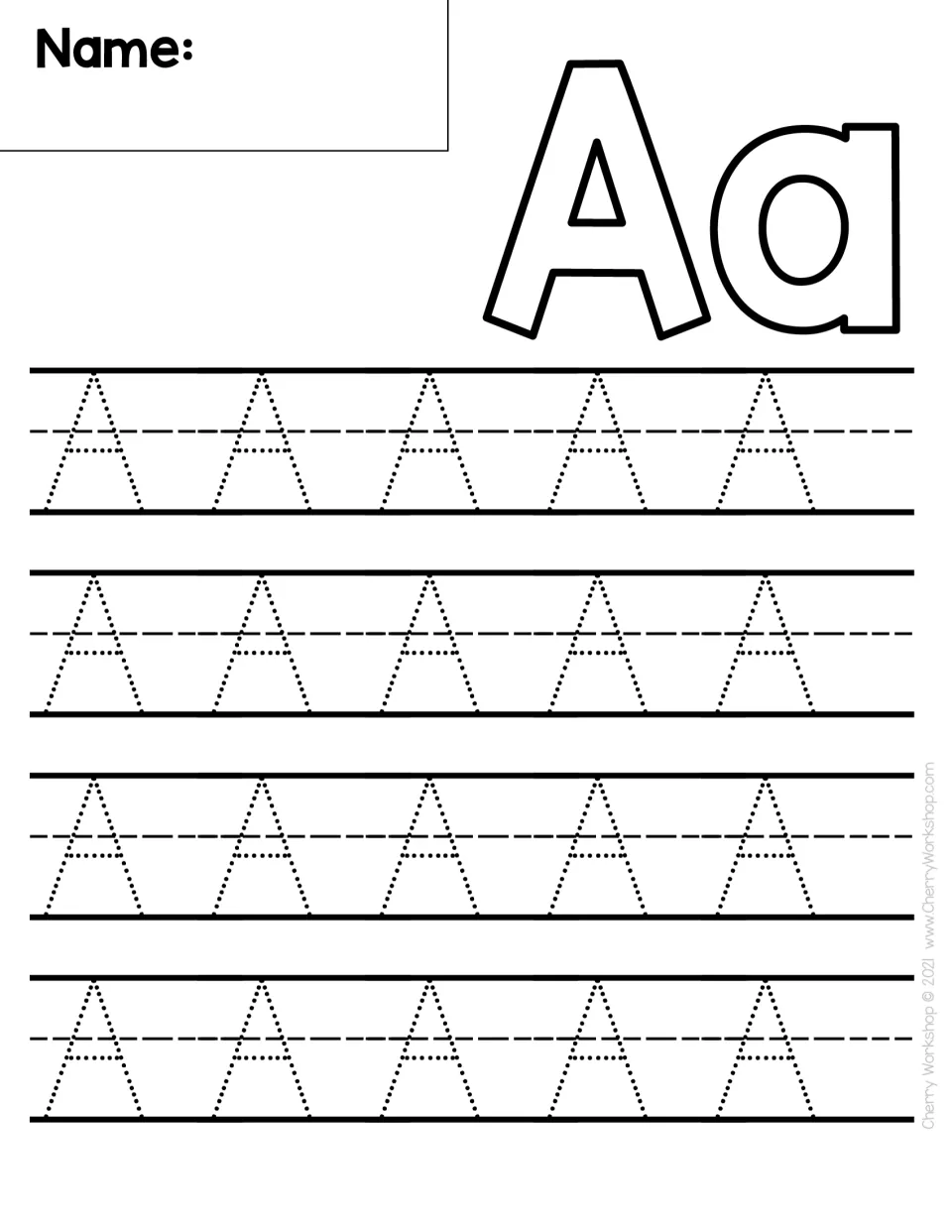 Letter A handwriting: students trace 20 dotted capital A's, two slanted lines and a crossbar, below a bubble-letter Aa