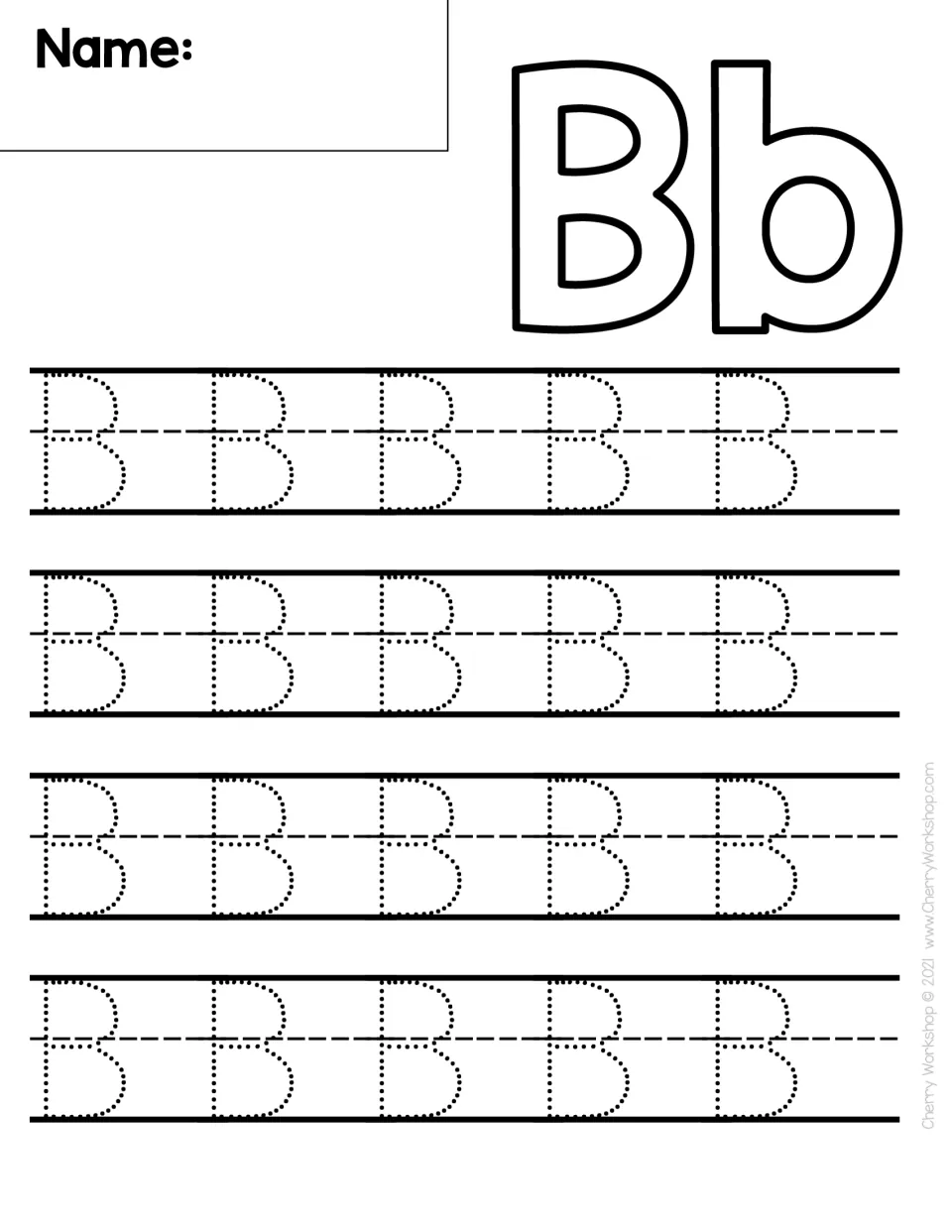 Letter B handwriting: students trace 20 dotted capital B's, each a straight line and two bumps, below a bubble-letter Bb