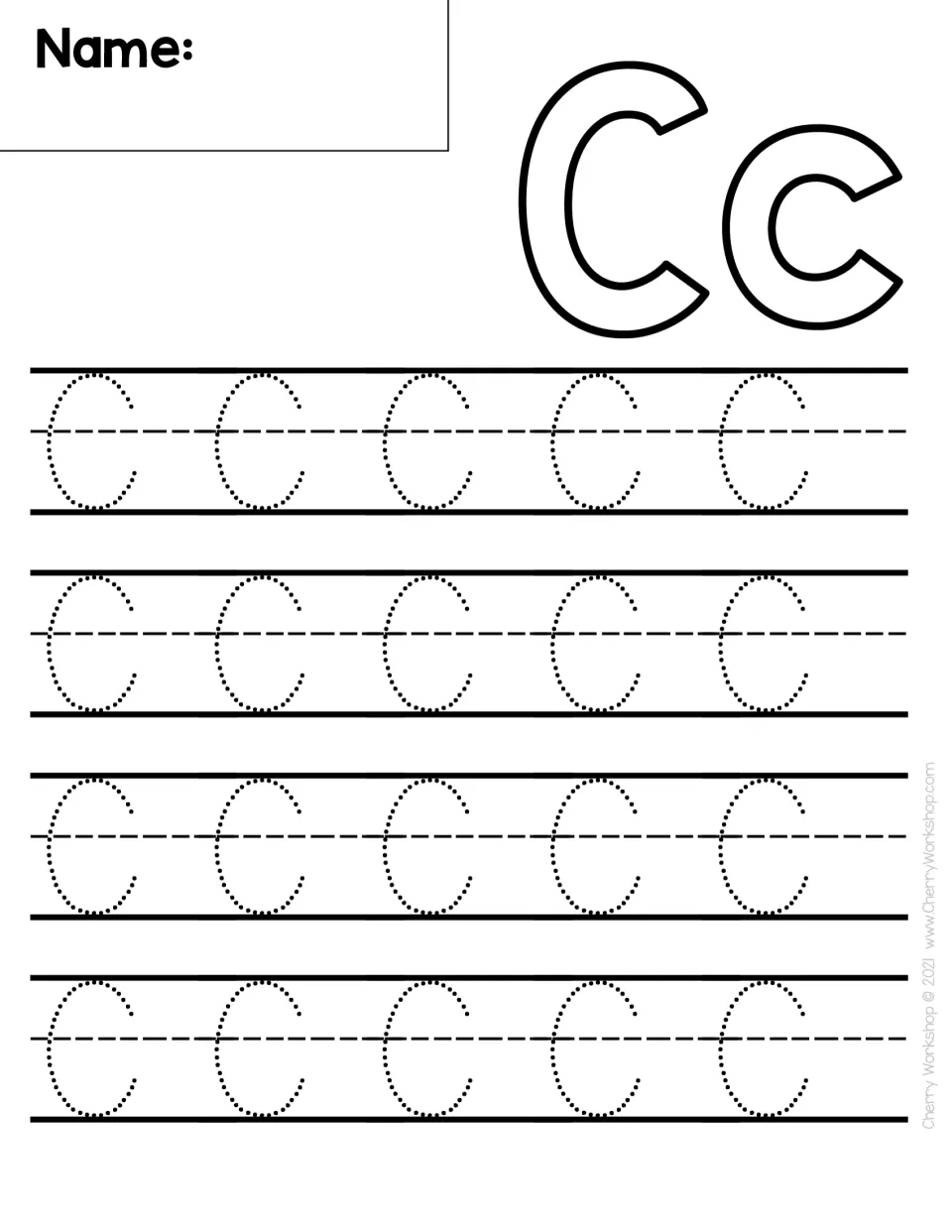 Letter C handwriting: students trace 20 dotted capital C's, each one open curve, below a large bubble-letter Cc