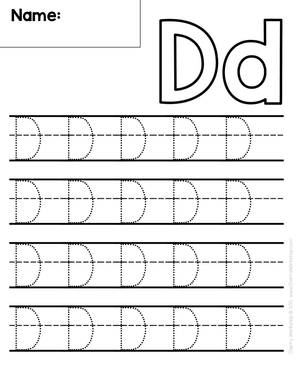 Letter D handwriting: students trace 20 dotted capital D's, each a straight line and a big curve, below a bubble-letter Dd