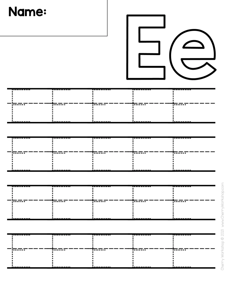 Letter E handwriting: students trace 20 dotted capital E's, a tall line plus three across strokes, below a bubble-letter Ee