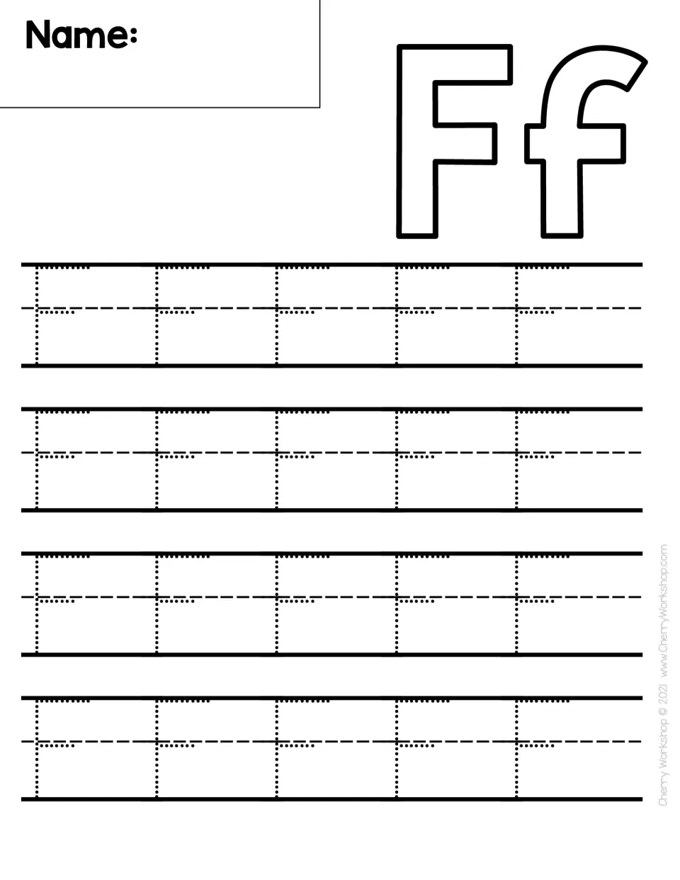Letter F handwriting: students trace 20 dotted capital F's, a tall line plus two across strokes, below a bubble-letter Ff
