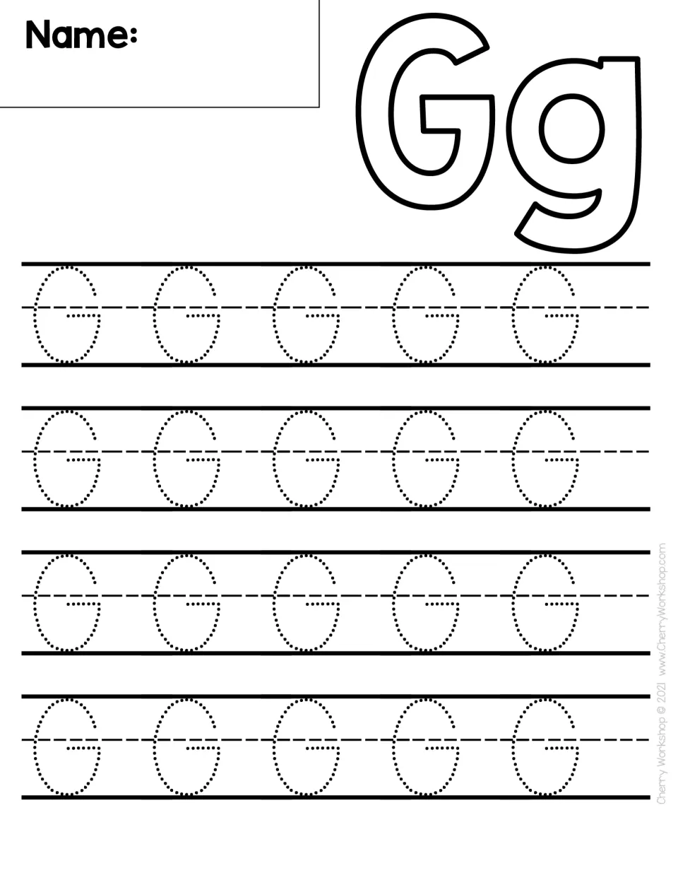 Letter G handwriting: students trace 20 dotted capital G's, a curve ending in a short inward bar, below a bubble-letter Gg