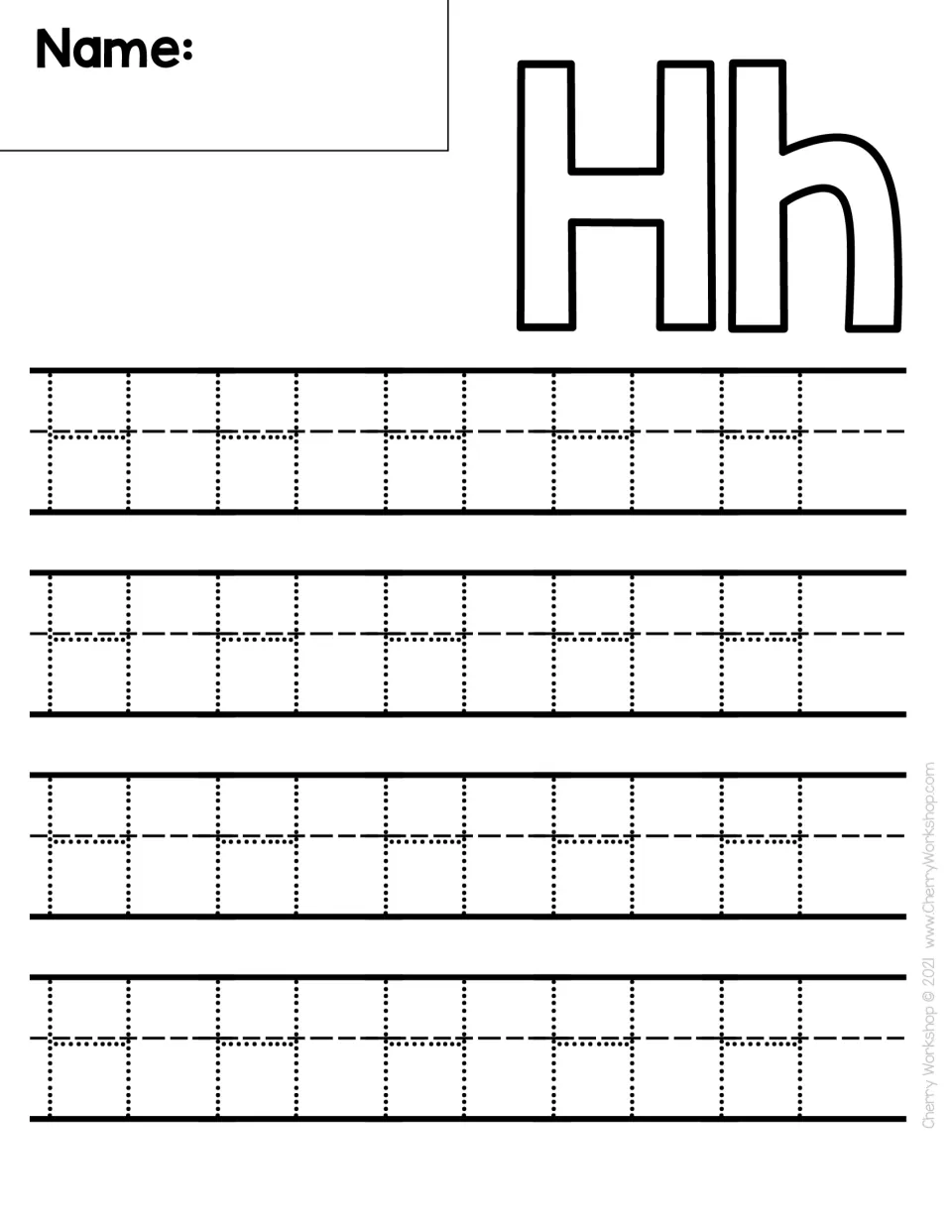 Letter H handwriting: students trace 20 dotted capital H's, two tall lines joined by a middle bar, below a bubble-letter Hh