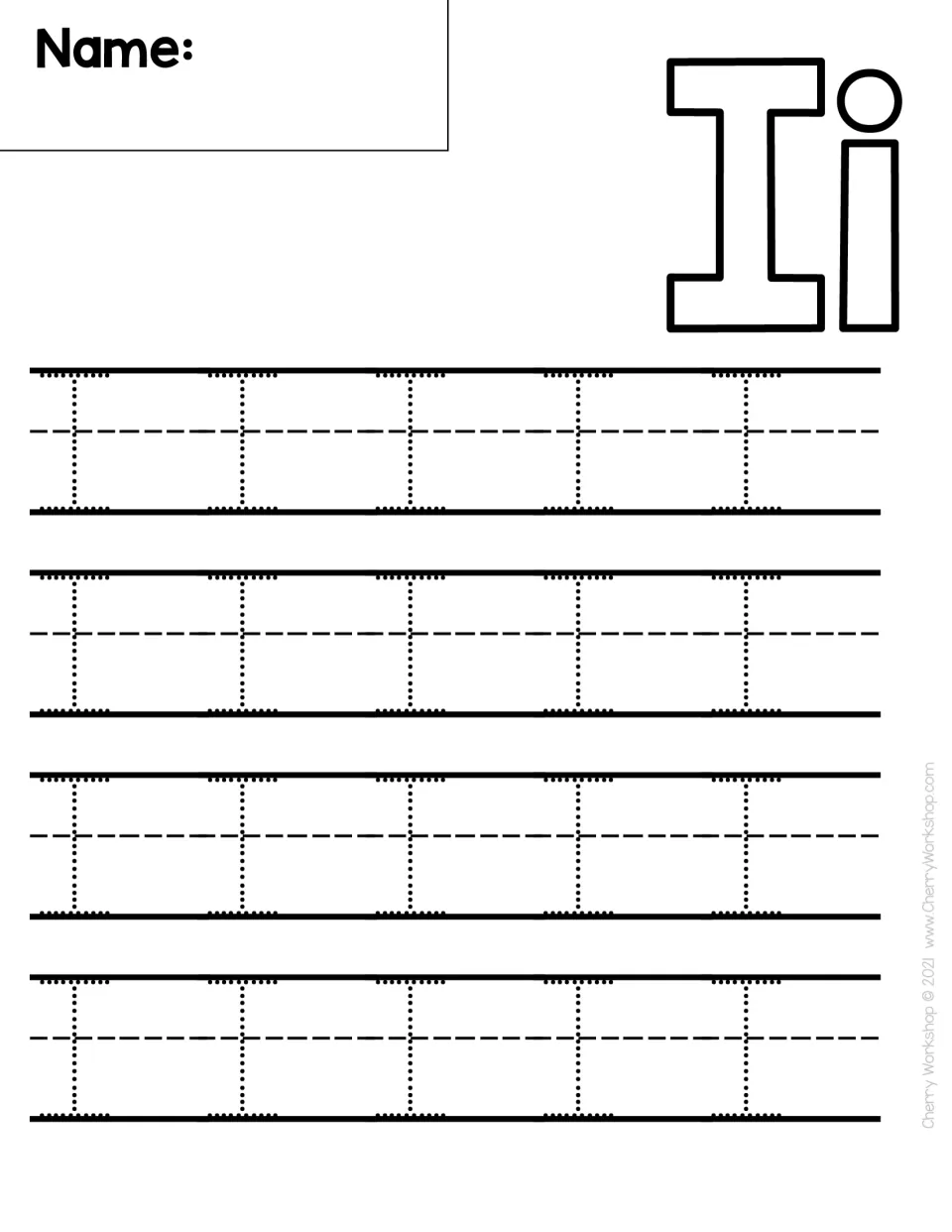 Letter I handwriting: students trace 20 dotted capital I's, a tall line capped top and bottom, below a bubble-letter Ii
