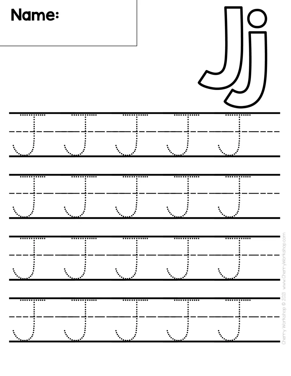 Letter J handwriting: students trace 20 dotted capital J's, a top bar over a hooked line, below a bubble-letter Jj