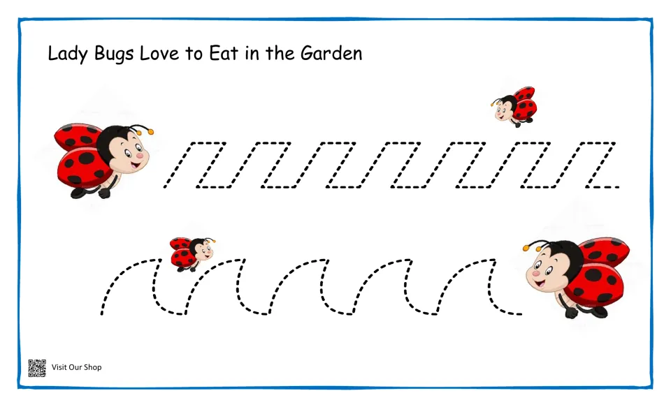 Lady Bugs Love to Eat in the Garden: students trace a slanted zigzag path and a row of curved hooks beside ladybugs