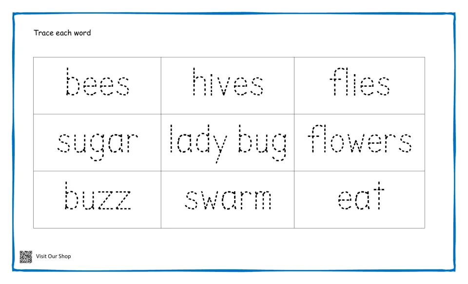 Trace each word: dotted handwriting practice for bees, hives, flies, sugar, lady bug, flowers, buzz, swarm and eat