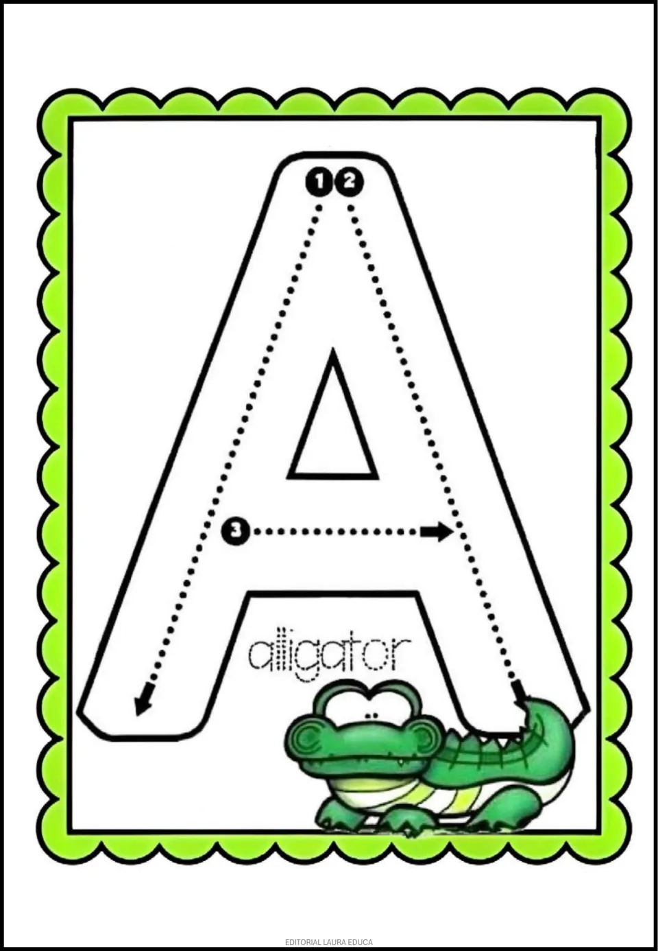 Alphabet tracing card A: uppercase A with three numbered strokes and an alligator labeled 'alligator'