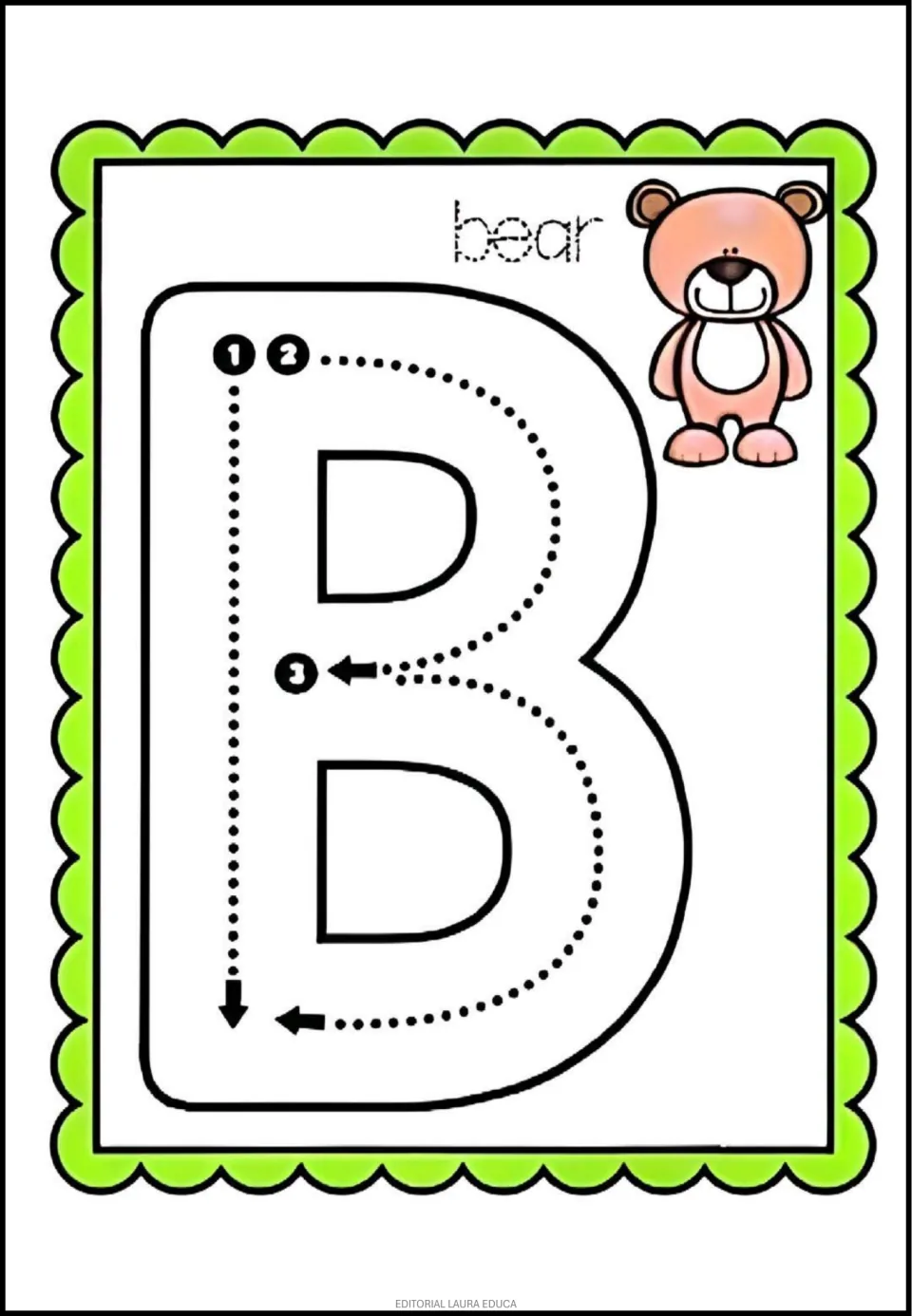 Alphabet tracing card B: uppercase B with three numbered strokes and a bear beside the dotted word 'bear'