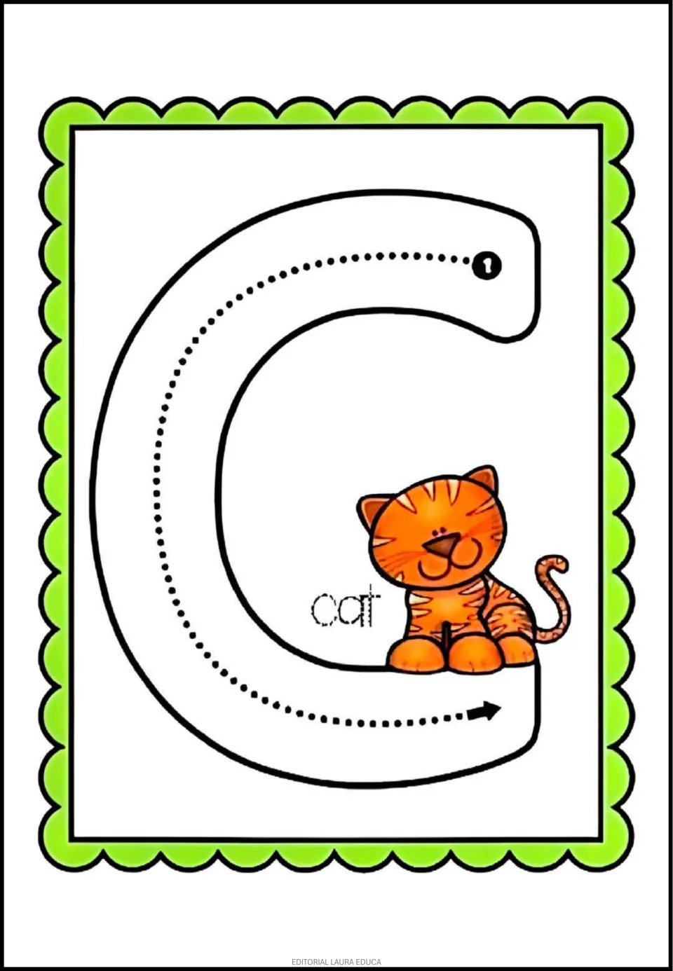 Alphabet tracing card C: uppercase C with a numbered starting point, a tracing arrow, and a cat labeled 'cat'